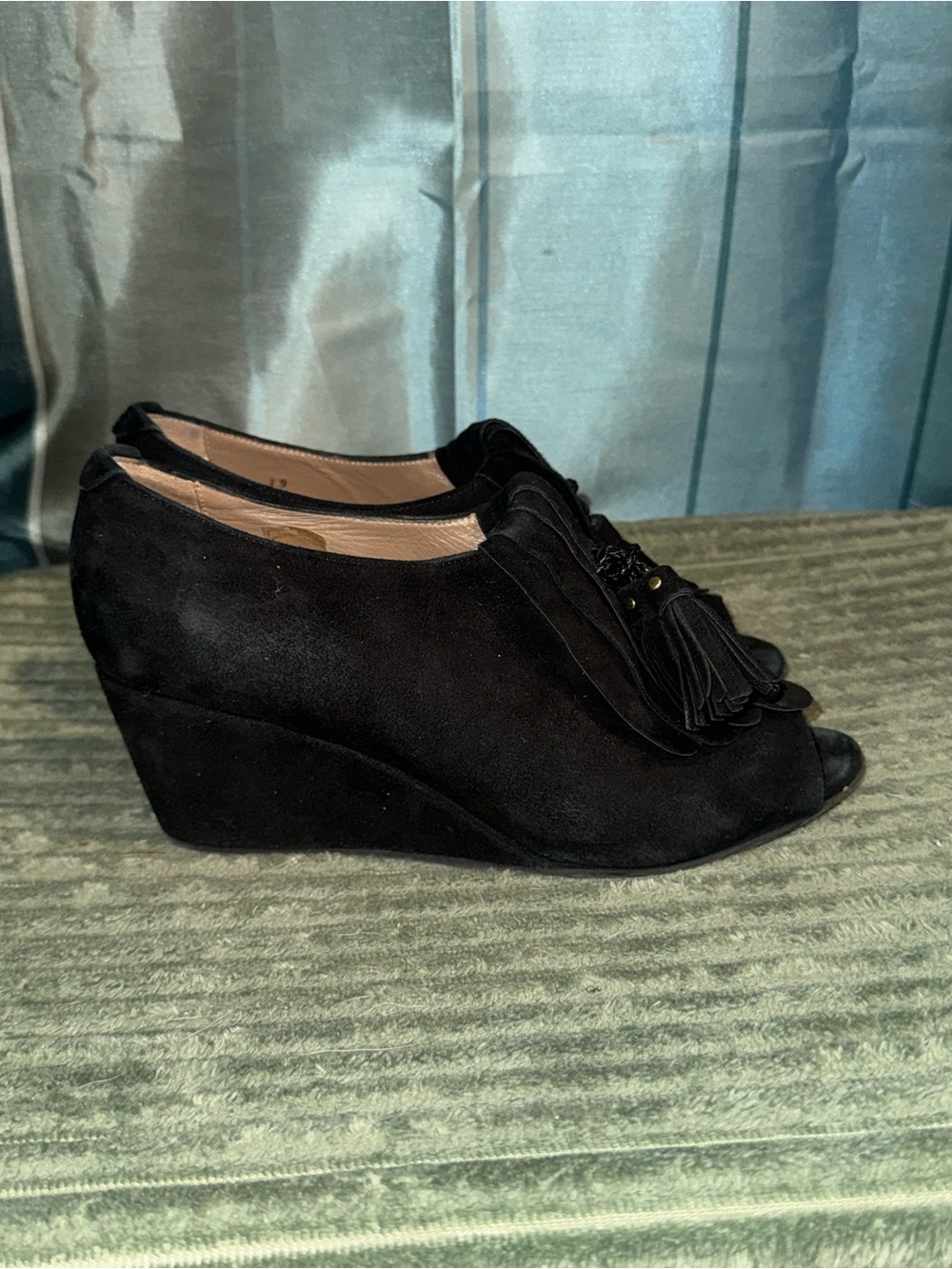 Anyi Lu Black Suede Peep-Toe Wedge with Tassel Fringe